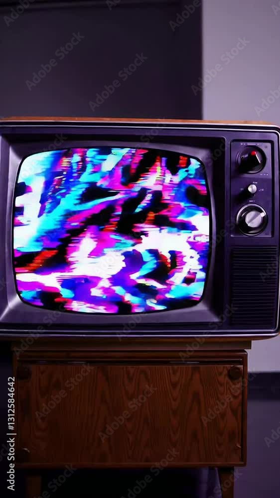 Poster retro tv with vibrant colorful static display in dark room environment