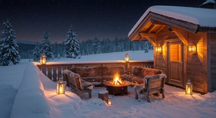 Cozy Winter Retreat Cabin with Fireplace and Snowy Landscape at Night
