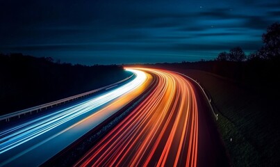 Obraz premium Night Highway Long Exposure, Curving Road, Light Trails, Speed, Motion Blur Keywords Lightpainting, Nightscape