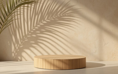 Soft light filters through leaves, creating beautiful shadows on a circular wooden platform. The setting is calm and simple, enhancing the natural aesthetic of the scene