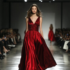 Elegant Red Satin Gown Fashion Runway Model Show
