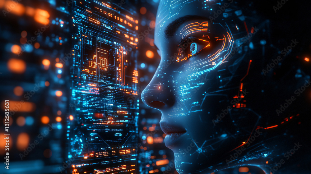 Poster Woman's face with a futuristic interface displayed in background representing advanced ai procurement systems