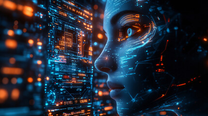 Woman's face with a futuristic interface displayed in background representing advanced ai procurement systems