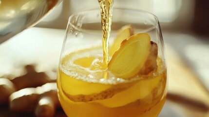 Refreshing Ginger Tea in a Glass with Fresh Ginger Slices and a Warm Background Scene