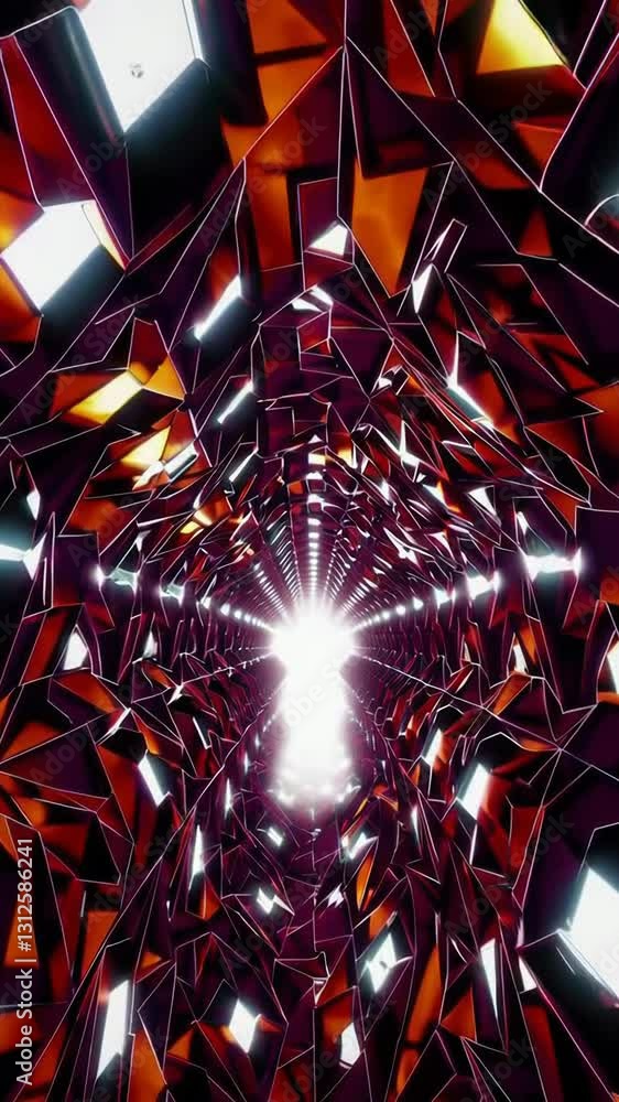 Poster kaleidoscopic light tunnel with reflective red prisms creating mesmerizing geometric patterns