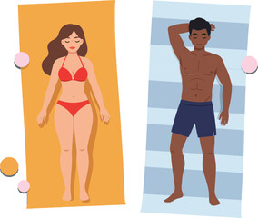 Two young adults sunbathing on beach towels in a colorful summer setting, minimal design vector illustration