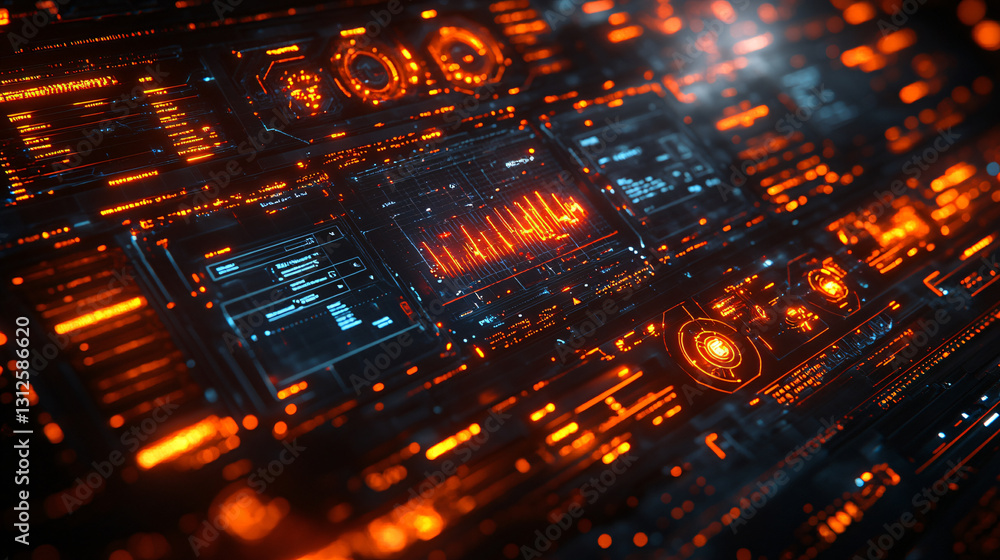 Aufkleber Close-up of a computer circuit board with a red light indicating active processing in a futuristic interface