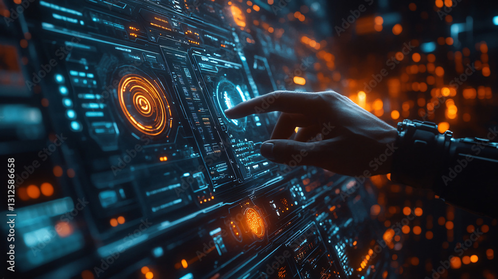 Poster Human hand touching a computer circuit board indicating interaction with advanced technology in a futuristic context