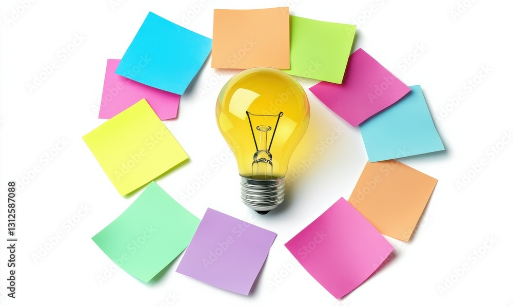 Poster bright idea concept with light bulb surrounded by colorful sticky notes reflecting creative brainsto