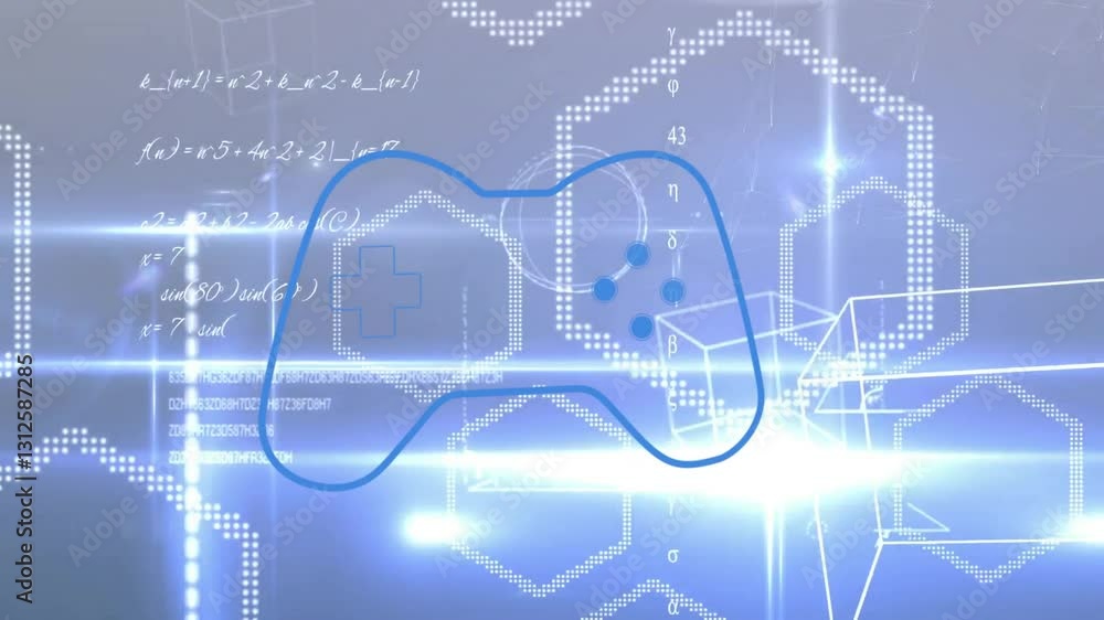 Aufkleber game controller outline with animation over digital hexagons and equations in school