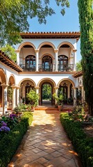 Obraz premium Elegant Architecture Showcases Patio Garden with Terracotta Tile Walkway