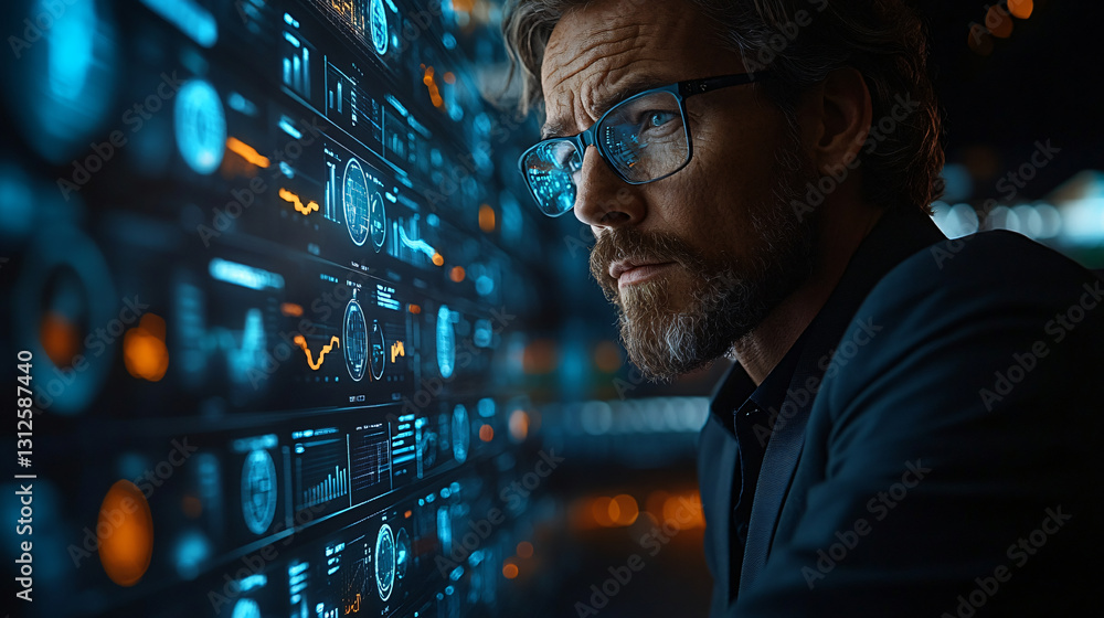 Aufkleber business executive analyzing procurement kpis on a wall full of data charts and graphs in a modern o