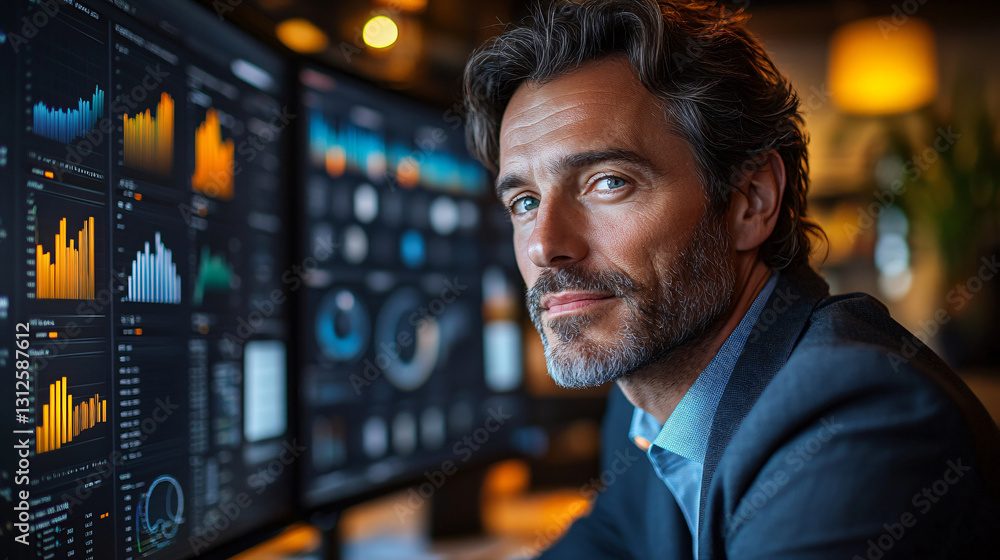 Poster business executive looking at a computer screen while reviewing procurement reports in a modern offi