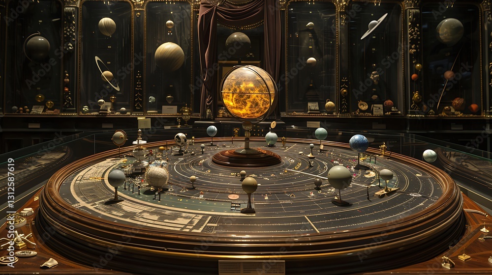 Poster an elaborate model of the solar system with planets orbiting a bright, central sun, and labeled cele