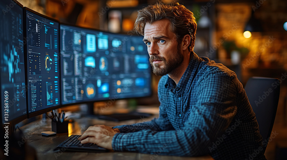 Poster business executive analyzing procurement reports on a computer displaying detailed financial data an