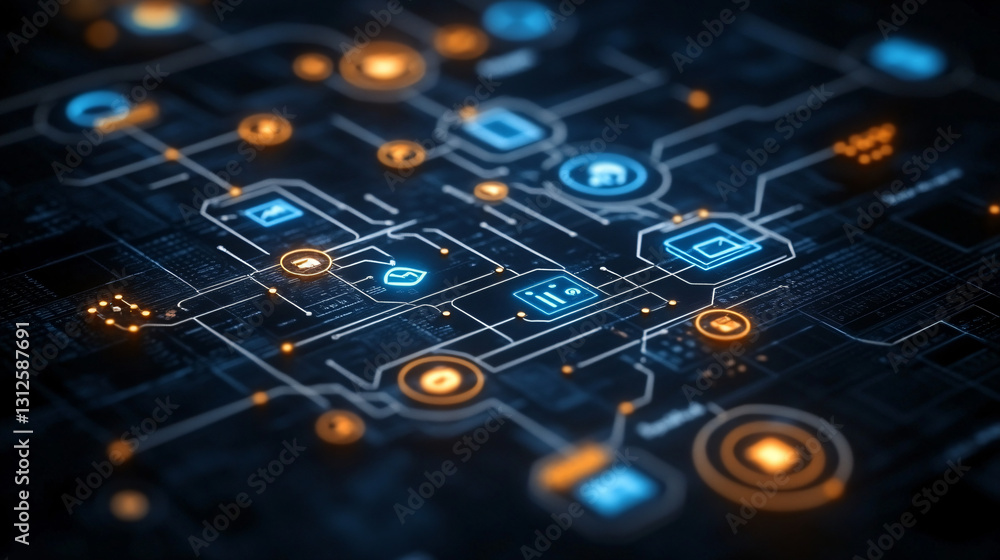 Aufkleber circuit board featuring blue and yellow light illustrating innovative business procurement flowchart