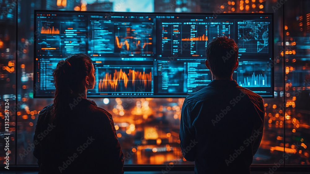 Poster Two business professionals engaged in analysis while watching procurement data on a large screen for insights