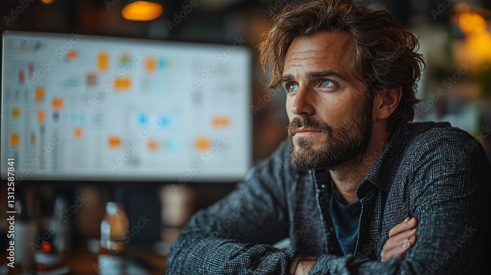 Poster Business professional with a beard reflecting on overdue deadline while staring intently at his computer screen