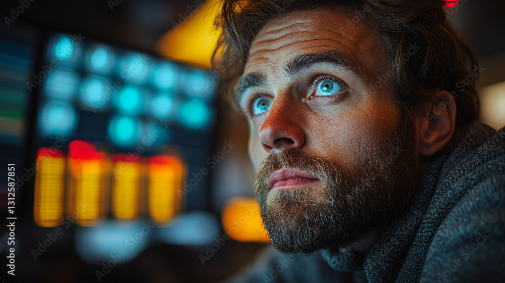 Poster Business professional staring at computer screen in deep thought while contemplating an overdue deadline and workload