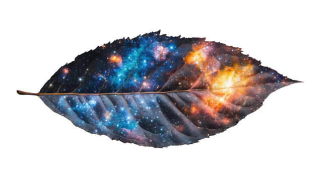 Colorful nebula and starry sky filling a leaf with transparent background
