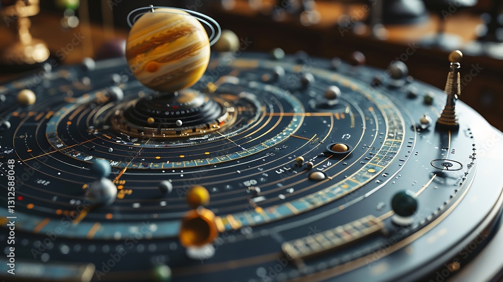 Poster an elaborate model of the solar system with planets orbiting a bright, central sun, and labeled cele