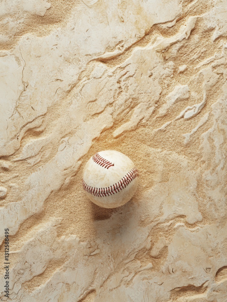 Aufkleber baseball resting on sandy field texture with golden ratio composition for clear messaging above gene