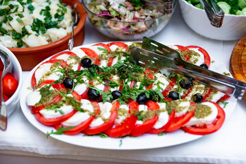 Colorful summer salad spread featuring vibrant tomatoes and creamy cheese garnished with herbs at a lively outdoor gathering