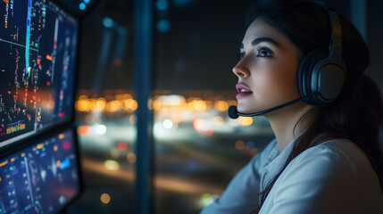 Naklejka premium Female Air Traffic Controller in a Control Tower 