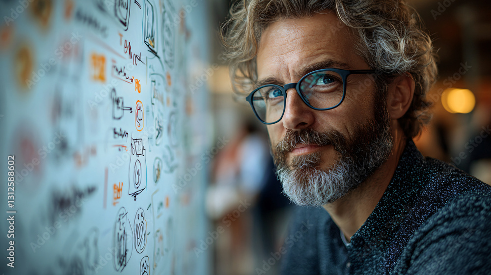 Aufkleber corporate worker with glasses and beard doodling on a whiteboard during an innovative team brainstor