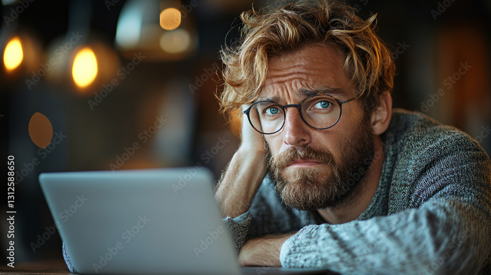 Poster frustrated corporate worker with beard and glasses leaning on laptop while trying to solve complex w