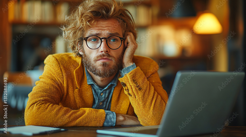Poster corporate employee with glasses leaning on a laptop while experiencing frustration with work-related