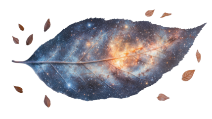 Autumn leaf showing galaxy nebula and falling leaves on transparent background