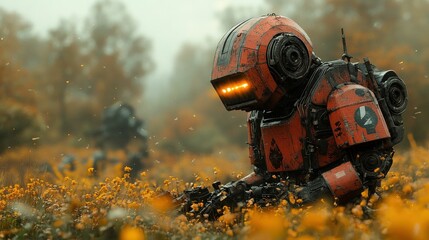 Rusty robot sits amidst autumnal wildflowers