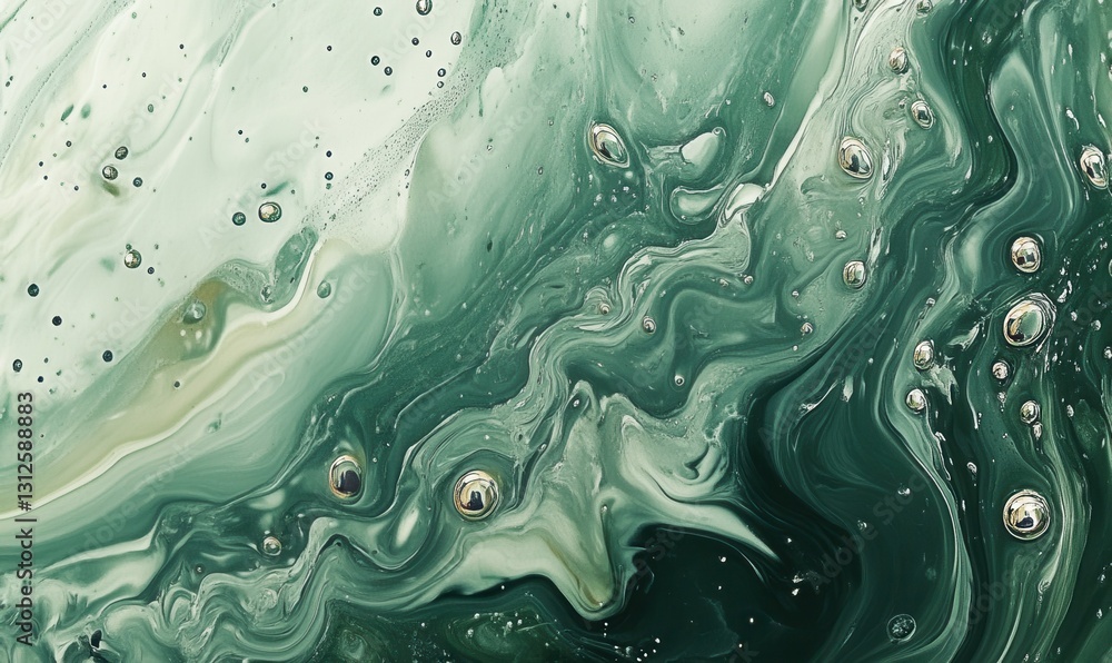 Aufkleber close-up of bubbles in a green liquid, creating a dynamic texture.