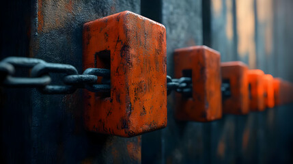 Rusty Orange Blocks and Dark Metal Chain Link Closeup