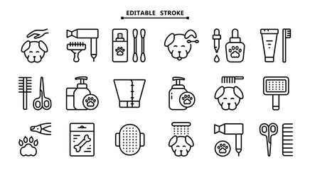Pet grooming salon icons set. Editable stroke. Taking care of cats and dogs. Veterinarian services. Simple line vector icons for ui and ux, website or mobile application