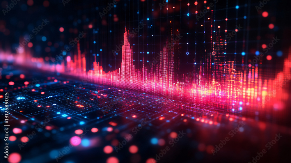 Poster intricate digital circuit board illuminated by red and blue lights highlighting modern technology in
