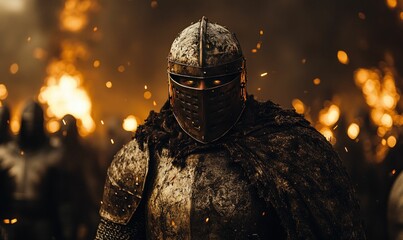 Naklejka premium Battle-worn knight stares amidst fiery chaos