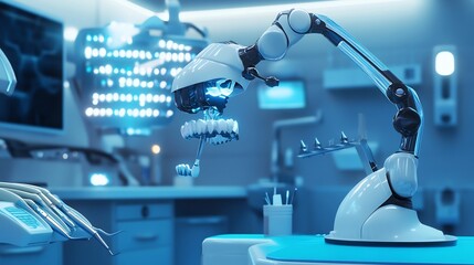 3d animated scene of a futuristic dental robot cleaning teeth with precision using advanced tools and high tech scanning equipment futuristic dental office with soft blue lighting