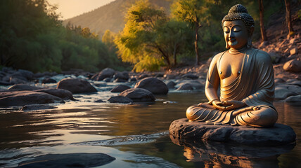 statue of buddha in the sunset, ai generated