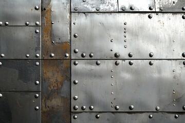 Fototapeta premium A close-up of a weathered riveted metal surface with rust and corrosion, evoking an industrial and vintage aviation aesthetic