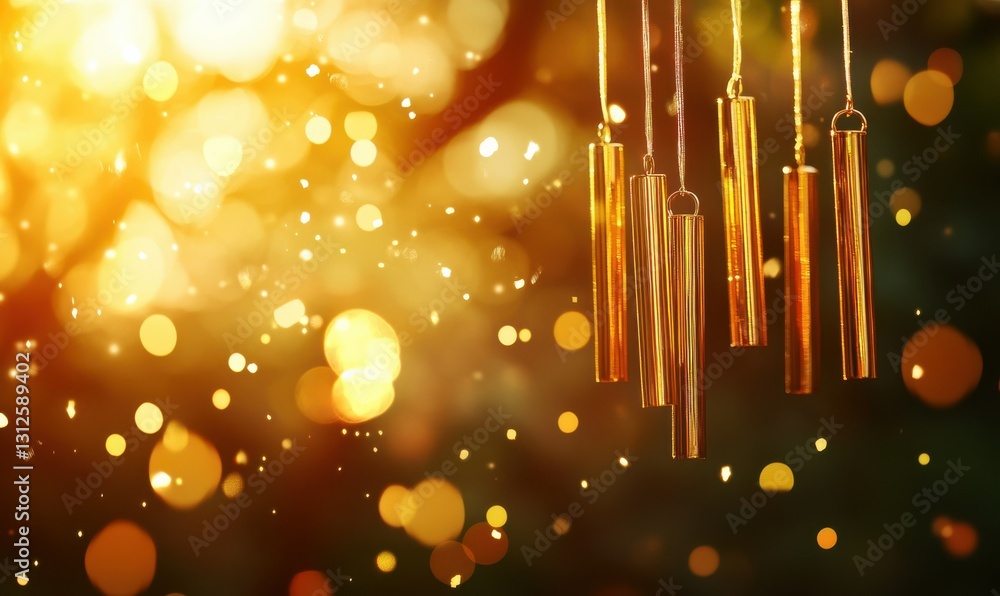 Poster closeup of golden wind chimes shimmering in sunlight with a dreamy background of sparkling particles