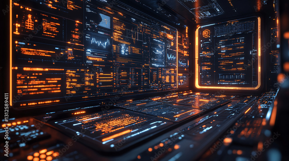 Poster computer screen illuminated by multiple glowing lights representing advanced digital procurement man