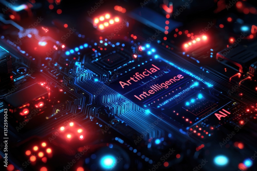 Poster futuristic circuit board with artificial intelligence highlighted in glowing colors