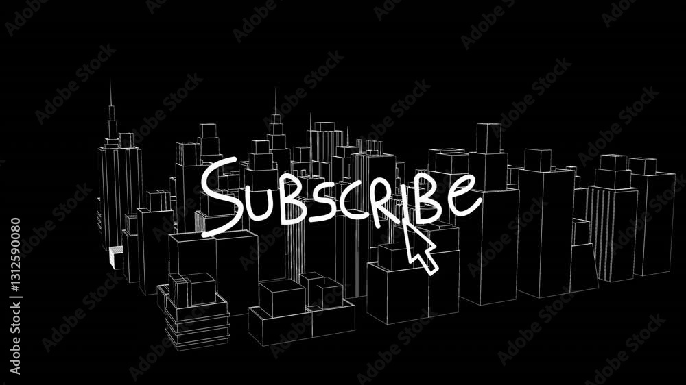 Aufkleber animation of subscribe text with cursor hovering over black and white cityscape