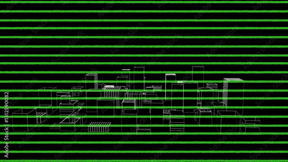 Poster animation showing abstract cityscape with green horizontal lines on black background