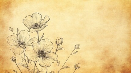 Hand drawn floral sketches showcasing delicate line art on aged paper with soft vintage tones inspired by the golden ratio