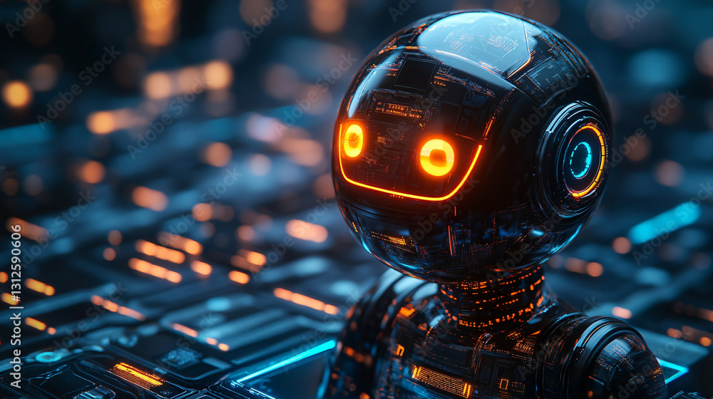 Poster Futuristic robot with glowing eye showcasing advanced ai technology in a modern chatbot interface design concept