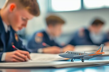 Aviation students in uniform study attentively in a classroom with a model airplane on the desk, symbolizing their passion for flight and aeronautical training