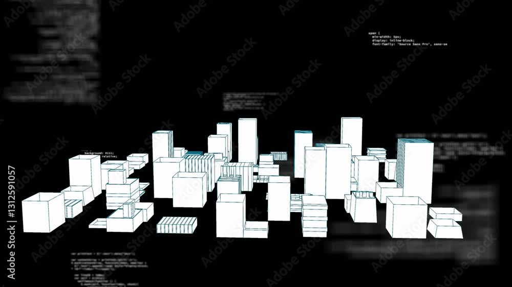 Poster 3d cityscape animation with programming code overlay on black background